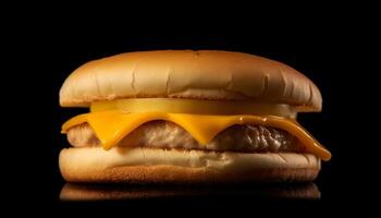 Grilled cheeseburger on bun with fries, ketchup, and refreshment generated by AI photo