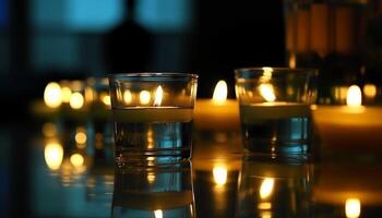 Reflection of illuminated bar, whiskey cocktail glowing in candlelight generated by AI photo