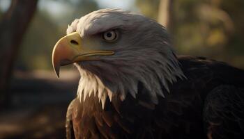 Majestic bird of prey perching on branch, talon in focus generated by AI photo