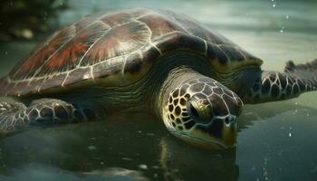 lento acuático reptil, mar tortuga, nadando en tropical clima generado por ai foto