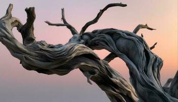 silueta de un retorcido árbol rama en contra un azul puesta de sol generado por ai foto