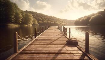 Tranquil scene of sunset over water, reflecting nautical vessel and forest generated by AI photo