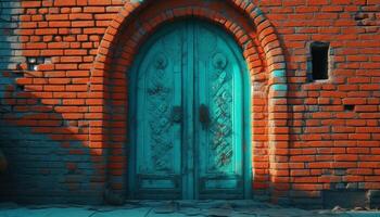 Medieval doorway with rusty lock leads to ancient building facade generated by AI photo