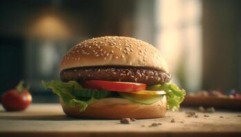 Freshly grilled cheeseburger on a sesame bun with crispy fries generated by AI photo