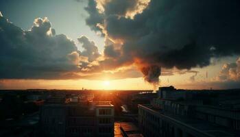 dramático cielo terminado urbano horizonte, fumar y contaminación llenar atmósfera generado por ai foto