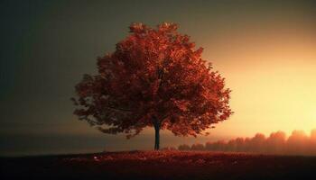 Tranquil autumn forest, backlit by vibrant sunset sky beauty generated by AI photo
