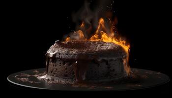 Melting chocolate cake on black plate, glowing candle celebration generated by AI photo