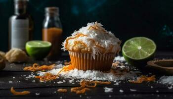 Rustic homemade dessert Lemon lime coconut muffin with fresh fruit topping generated by AI photo