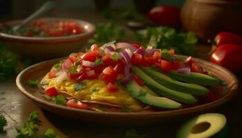 Fresh vegetarian taco salad with guacamole and homemade salsa sauce generated by AI photo