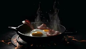 Fried pork and egg on cast iron, cooking in flame generated by AI photo