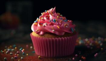 Multi colored cupcake with homemade icing and ornate decoration for birthday celebration generated by AI photo