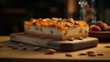 Freshly baked sweet pie on rustic wood table, a gourmet indulgence generated by AI photo