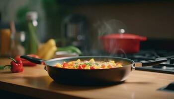 Fresh vegetarian meal preparation on stove top in domestic kitchen generated by AI photo