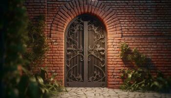 Old brick building with Christian arch entrance and nature background generated by AI photo
