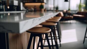 Empty classroom with modern wooden chairs and desks for learning generated by AI photo