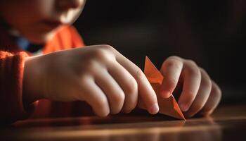 Creative children playing with paper crafts indoors, enjoying imaginative fun generated by AI photo