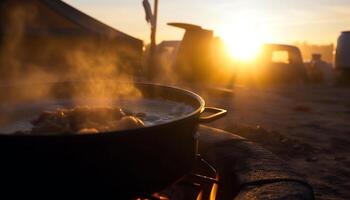 Grilled meat sizzles on yellow barbecue, smoke rising at dusk generated by AI photo