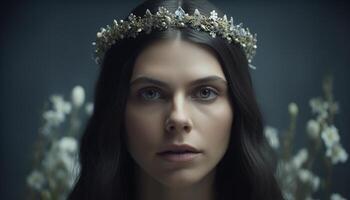 One beautiful young adult woman wearing a crown and tiara generated by AI photo