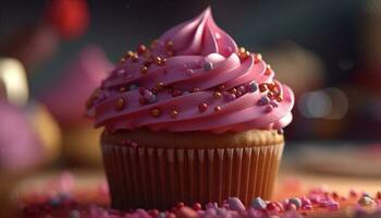 Cute homemade cupcake with vibrant icing, perfect for celebration event generated by AI photo