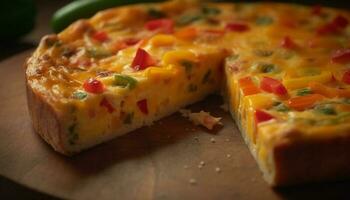 Freshly baked vegetarian quiche with mozzarella and cheddar cheese generated by AI photo