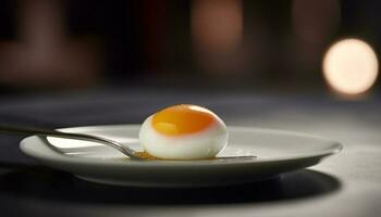 orgánico proteína comida con hervido y frito huevo en plato generado por ai foto