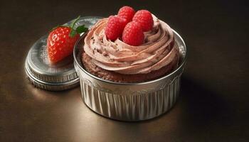 Fresh berry dessert raspberry, strawberry, blueberry, cream, chocolate, homemade indulgence generated by AI photo