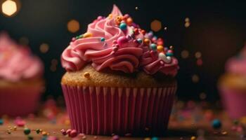Multi colored cupcake with gourmet icing, baked for birthday celebration generated by AI photo