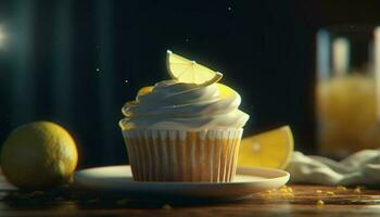 Homemade lemon cupcakes with chocolate icing on wooden table background generated by AI photo