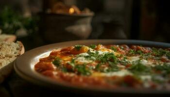 Freshly baked homemade pizza on rustic wooden table with mozzarella generated by AI photo