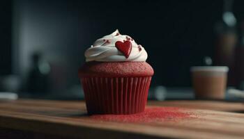 Cute homemade cupcake with strawberry icing on wooden table background generated by AI photo