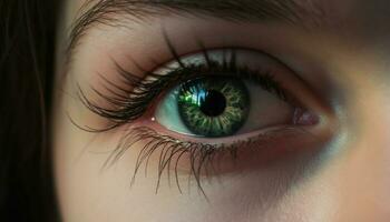 cerca arriba de joven mujer verde ojo, curioso dentro cámara lente generado por ai foto