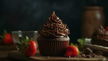 Indulgent homemade chocolate chip muffin on rustic wood table generated by AI photo