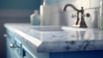 Modern kitchen counter with stainless steel faucet and clean sink generated by AI photo