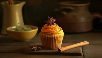 Homemade pumpkin spice cupcake with gourmet chocolate icing on wood table generated by AI photo