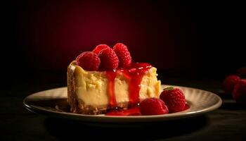 Indulgent berry cheesecake on wood plate with whipped cream topping generated by AI photo