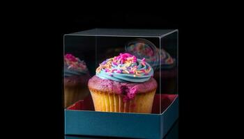 Multi colored cupcakes with sweet icing and chocolate decorations for celebration generated by AI photo