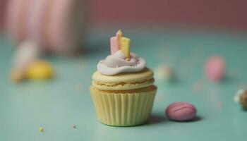 Cute homemade cupcake with vibrant multi colored icing and decoration generated by AI photo