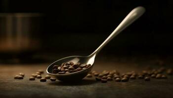 Organic coffee beans in rustic wooden bowl, selective focus close up generated by AI photo