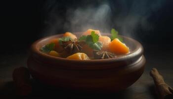 Fresco vegetal sopa cocido con orgánico ingredientes en rústico vajilla generado por ai foto