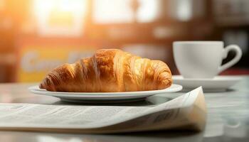 Fresco cuerno y café en mesa, un Perfecto francés desayuno generado por ai foto