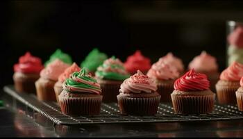 Multi colored cupcakes with sweet icing and cute decoration for celebration generated by AI photo