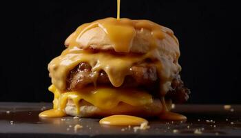 Grilled beef burger with melted cheese, served on wooden plate generated by AI photo