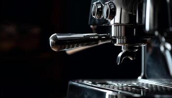 Freshly brewed espresso in chrome coffee pot at gourmet coffee shop generated by AI photo