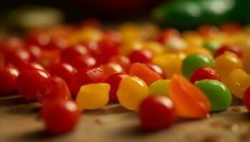 Vibrant candy heap, colorful fruit variation on wooden cutting board generated by AI photo