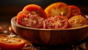 Juicy organic tomato slice on rustic wooden cutting board generated by AI photo