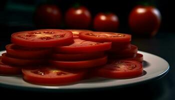 jugoso tomate rebanada en orgánico ensalada lámina, Perfecto sano aperitivo generado por ai foto