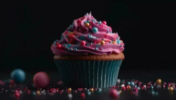 Multi colored cupcake with pink icing and strawberry decoration on black background generated by AI photo