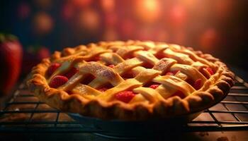 Freshly baked homemade apple pie with lattice crust and berry filling generated by AI photo