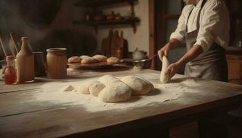 Freshly baked homemade bread on rustic wooden table, prepared with care generated by AI photo