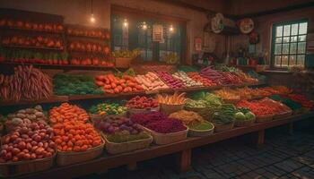Fresh organic fruits and vegetables in multi colored market basket generated by AI photo